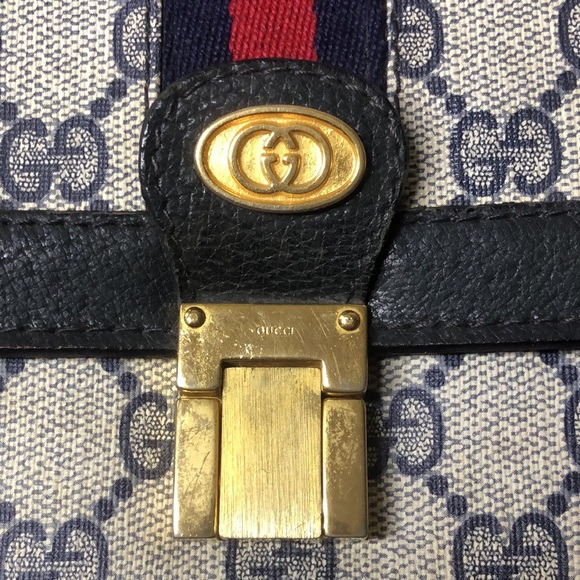GUCCI GG Ophidia Sherryline Stripe Navy Leather Grey Coated Canvas Crossbody Bag - Picture 4 of 17